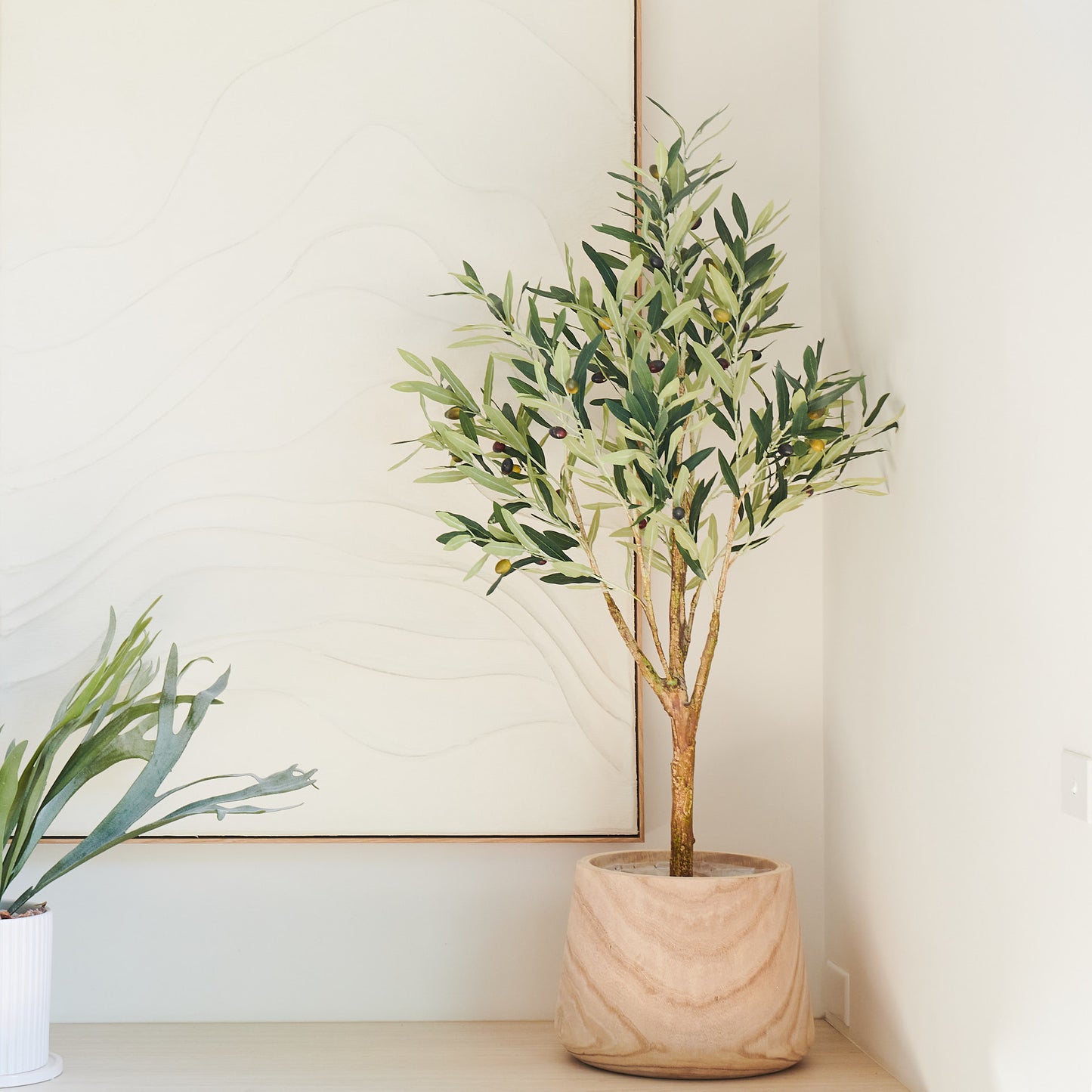 Everly Real Touch Olive Tree with Wood Pot